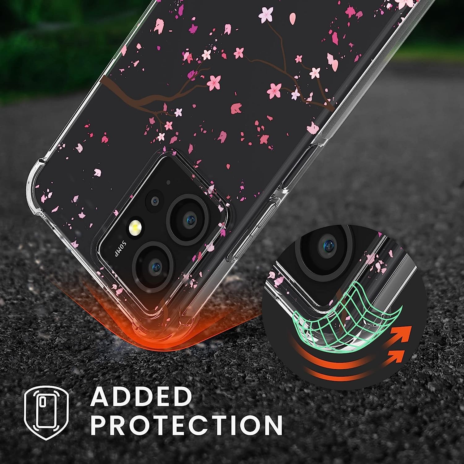 KW Xiaomi Redmi Note 12 4G Θήκη Σιλικόνης TPU με Λουράκι Design Cherry Petals - Pink / Dark Brown / Διάφανη - 61174.01