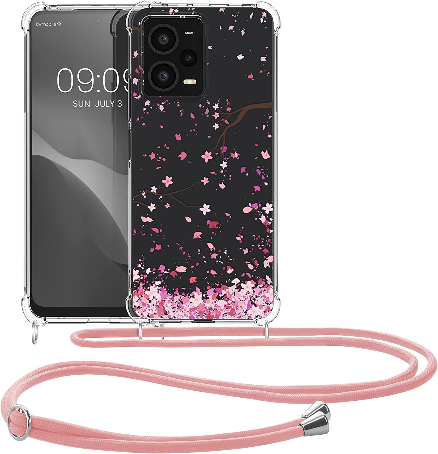 KW Xiaomi Redmi Note 12 Pro Θήκη Σιλικόνης TPU με Λουράκι - Design Cherry Blossoms - Pink / Dark Brown / Διάφανη - 60716.01