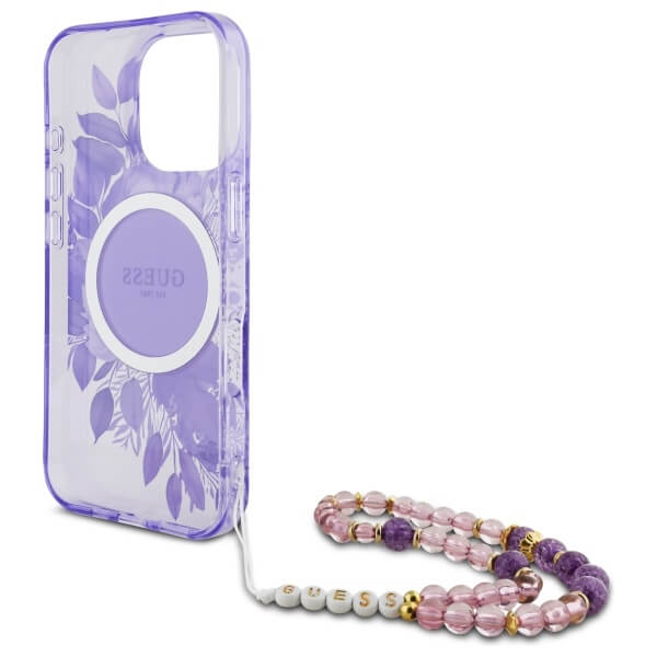 Guess iPhone 16 Pro Max - IML Flowers With Pearl Strap MagSafe - Σκληρή Θήκη με Πλαίσιο Σιλικόνης και Λουράκι - Purple - GUHMP16XHFWBRCESU