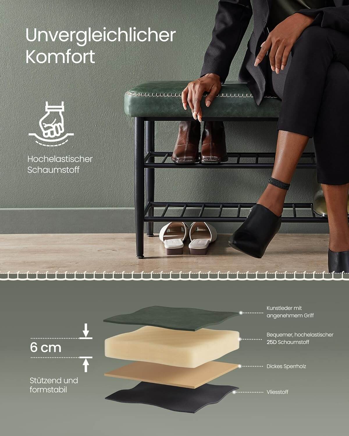 Vasagle EKHO Πάγκος / Σκαμπό με Κάθισμα από Συνθετικό δέρμα και 2 Ράφια - 30 x 80 x 50 cm - Forest Green - LSB054C01