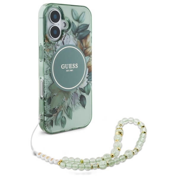 Guess iPhone 16 - IML Flowers With Pearl Strap MagSafe - Σκληρή Θήκη με Πλαίσιο Σιλικόνης και Λουράκι - Green - GUHMP16SHFWBRCESN