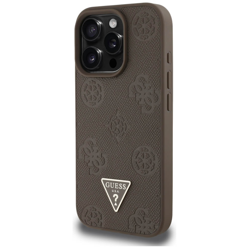 Guess iPhone 16 Pro - Grained Hot Stamp Peony Triangle Logo - MagSafe Σκληρή Θήκη με Επένδυση Συνθετικού Δέρματος - Brown - GUHMP16LPGBTMW