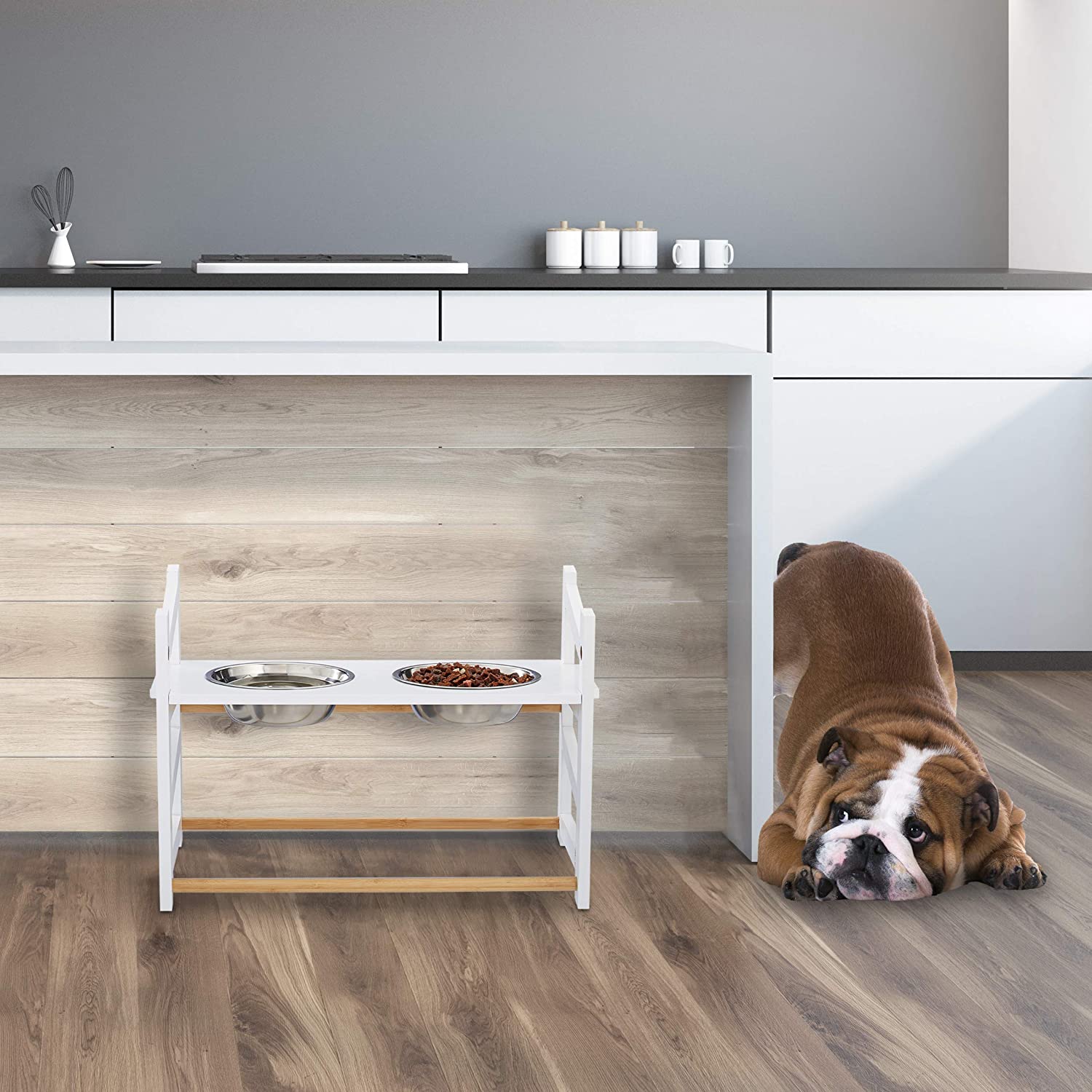 Relaxdays Ρυθμιζόμενη Ξύλινη Βάση με 2 Μπολ 1000ml από Ανοξείδωτο Ατσάλι - Large - 4052025923662