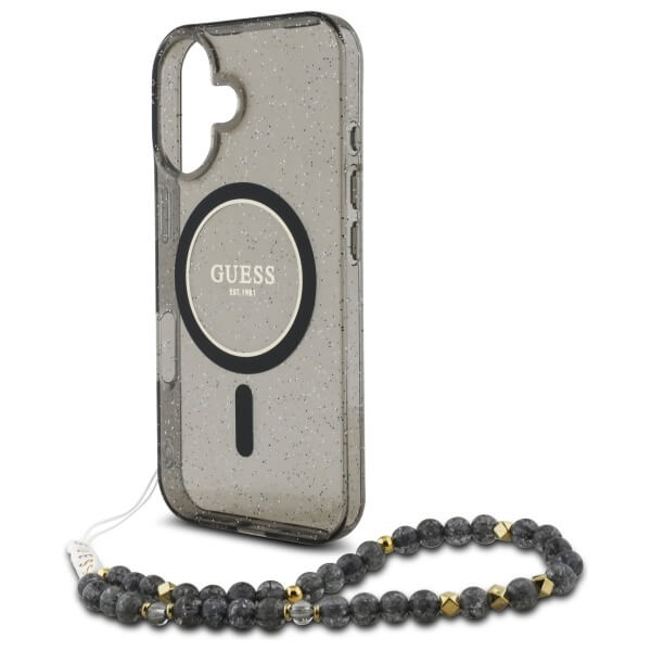 Guess iPhone 16 - IML Glitter With Pearl Strap MagSafe - Σκληρή Θήκη με Πλαίσιο Σιλικόνης και Λουράκι - Black - GUHMP16SHGCRELSK