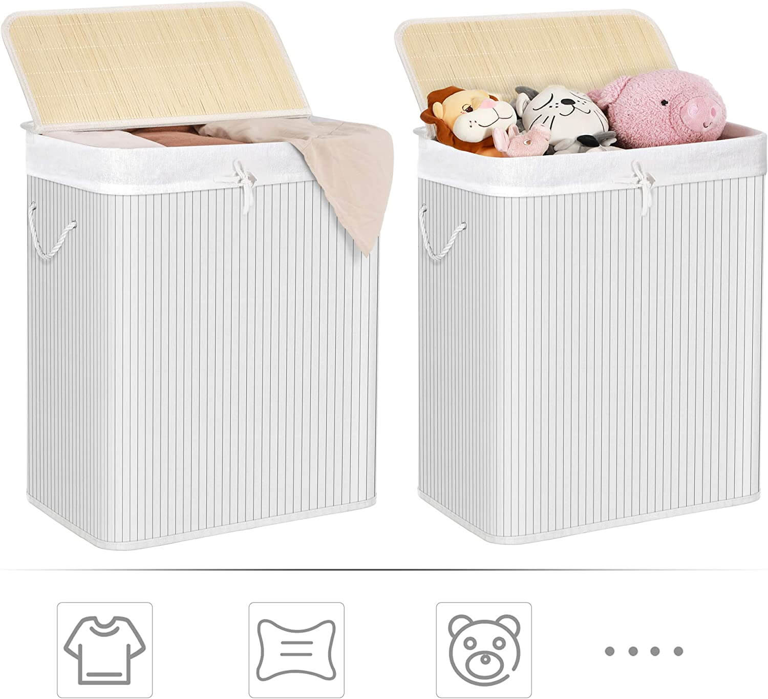 Songmics Καλάθι Απλύτων από Μπαμπού με 2 Διαμερίσματα - 100L - White - LCB64WT