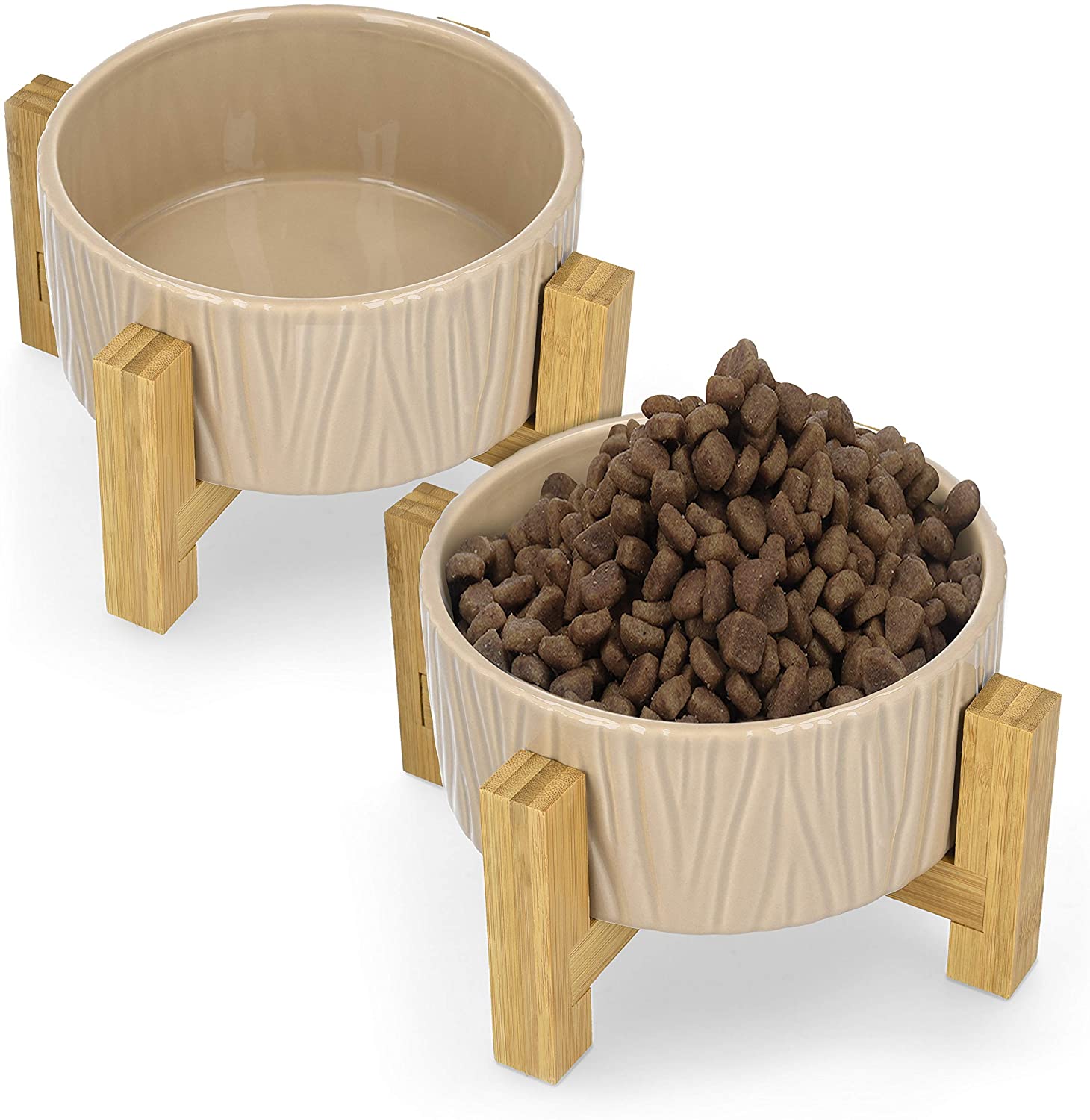 Navaris Cat Bowls with Wood Stands - Σετ με 2 Μπολ Φαγητού και Νερού 937 ml με Βάση από Μπαμπού για Κατοικίδια - Beige - 52177.43.2