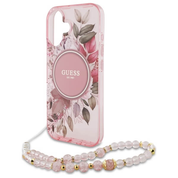 Guess iPhone 16 Plus - IML Flowers With Pearl Strap MagSafe - Σκληρή Θήκη με Πλαίσιο Σιλικόνης και Λουράκι - Pink - GUHMP16MHFWBRCESP
