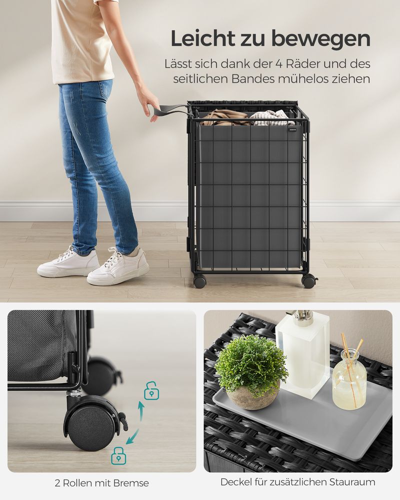 Songmics Τροχήλατο Αναδιπλούμενο Καλάθι Απλύτων με Καπάκι - 90L - Ink Black / Slate Grey - LCB290B11