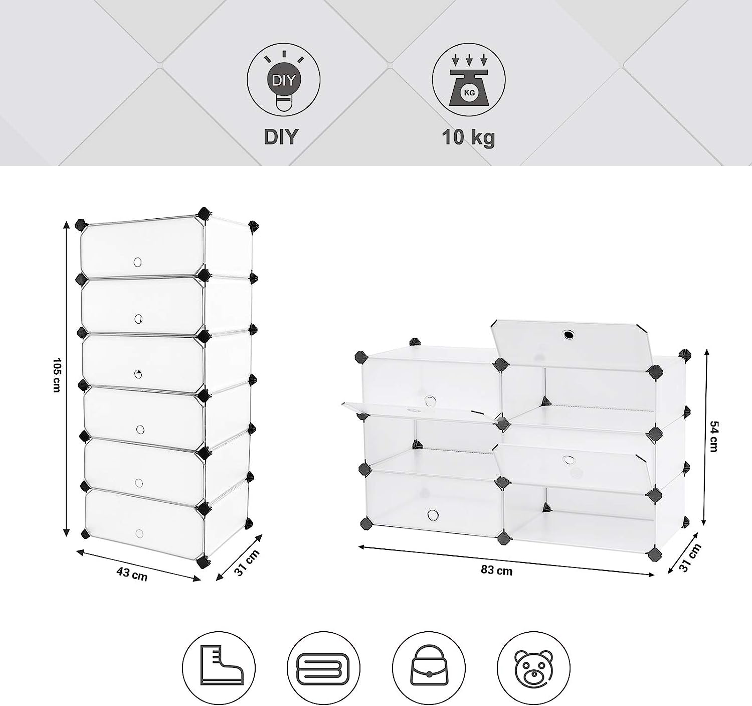 Songmics Πλαστική Παπουτσοθήκη με 6 Ράφια - 43 x 31 x 105cm - White - LPC06W