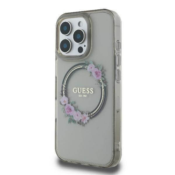 Guess iPhone 16 Pro Max - IML Flowers Wreath MagSafe - Σκληρή Θήκη με Πλαίσιο Σιλικόνης - Black - GUHMP16LHFWFCK
