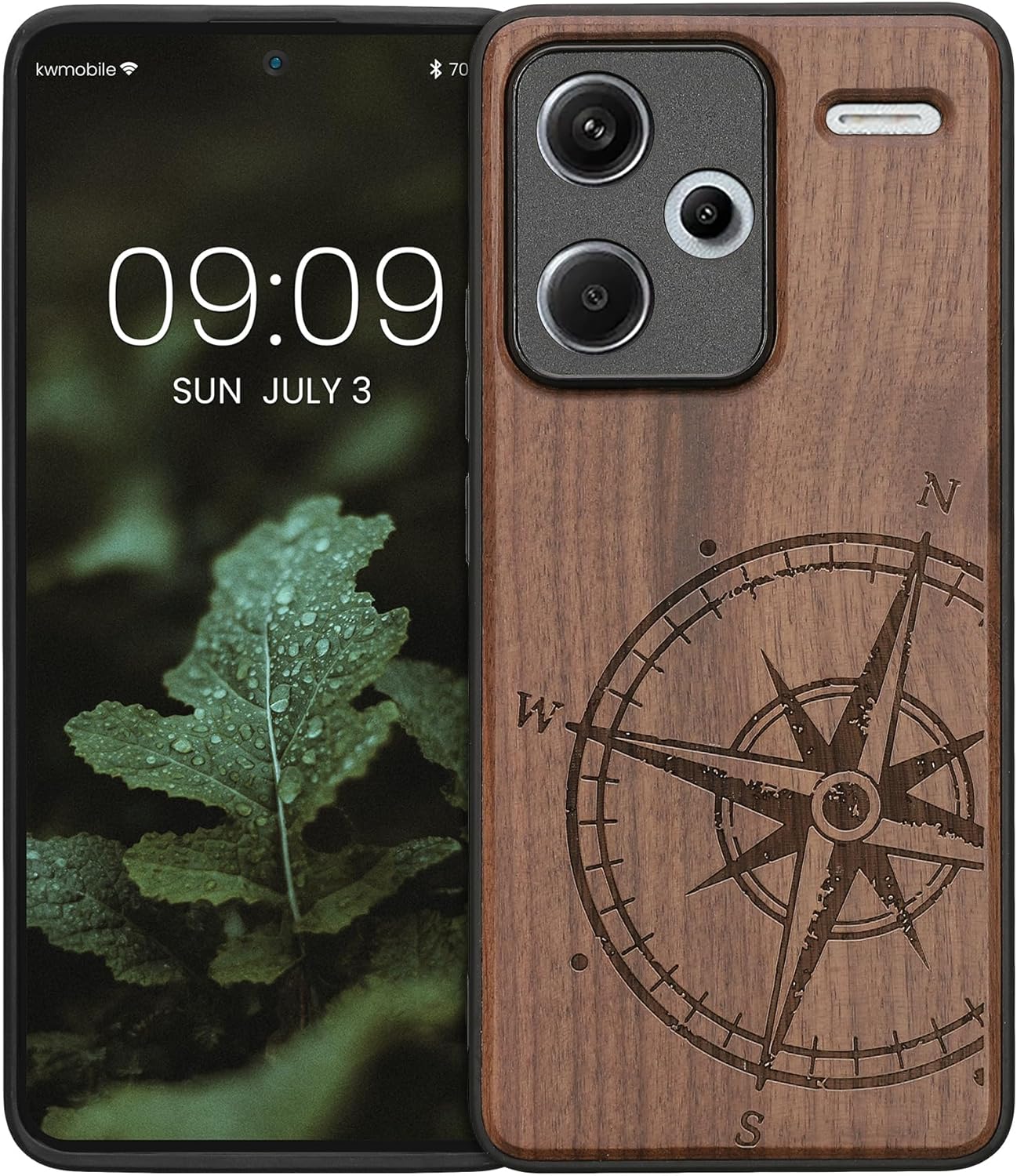 KW Xiaomi Redmi Note 13 Pro+ 5G Θήκη από Φυσικό Ξύλο - Design Navigational Compass - Dark Brown