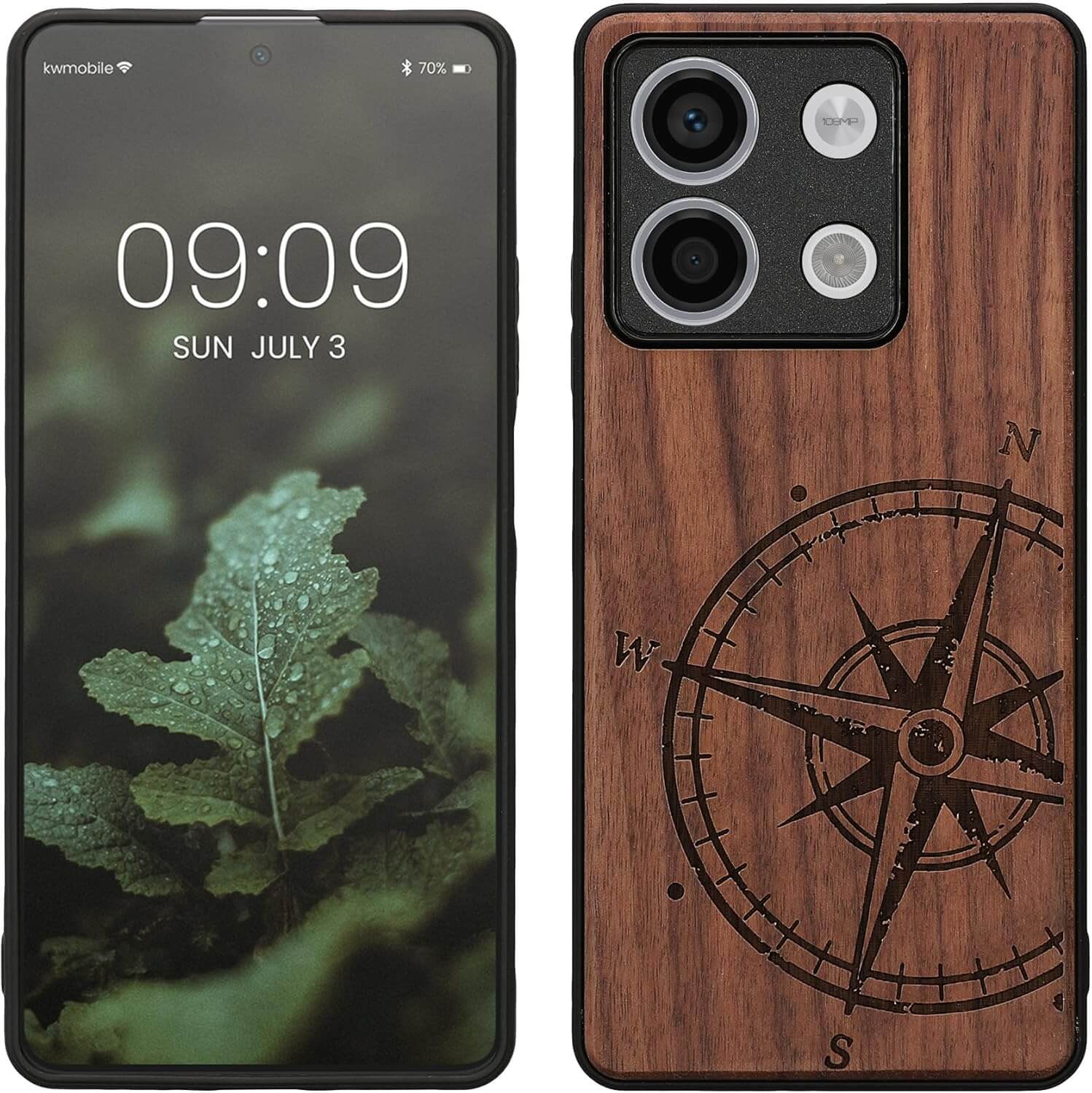 KW Xiaomi Redmi Note 13 5G Θήκη από Φυσικό Ξύλο - Design Compass Vintage - Dark Brown