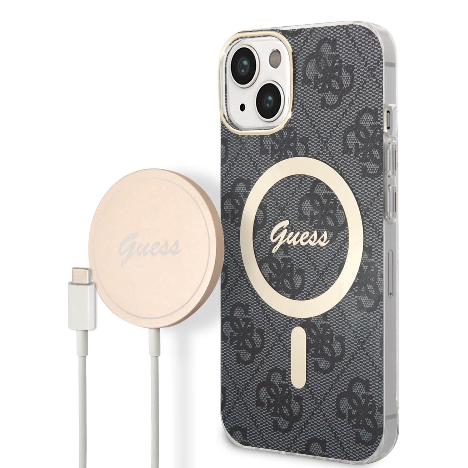 Guess iPhone 15 / 14 / 13 - Bundle Pack - Σετ Σκληρή Θήκη με Πλαίσιο Σιλικόνης και Ασύρματος Φορτιστής MagSafe - Design 4G Print MagSafe - Black - GUBPP14SH4EACSK