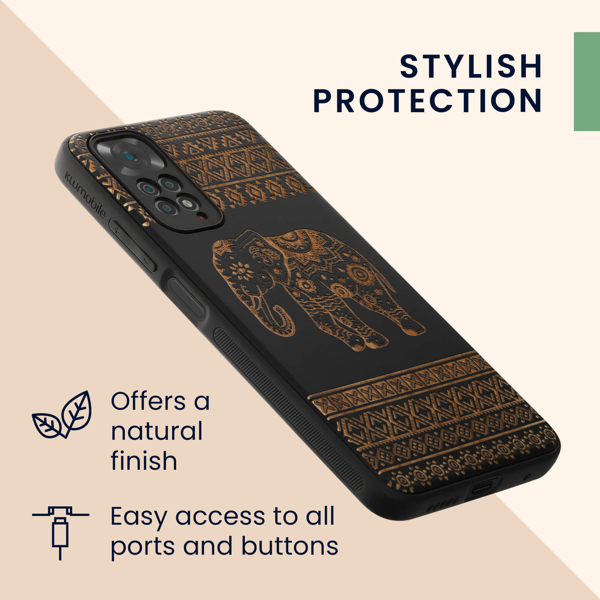 KW Xiaomi Redmi Note 11 / Redmi Note 11S Θήκη από Φυσικό Ξύλο - Design Wood Elephant with Pattern - Light Brown / Black - 57386.04