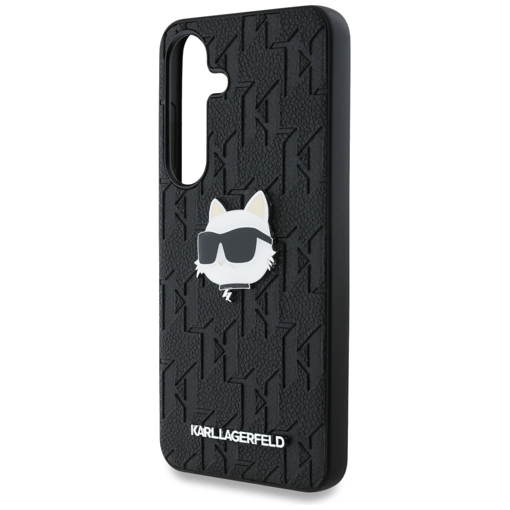 Karl Lagerfeld Samsung Galaxy S25 - Monogram Choupette Head Pin - Σκληρή Θήκη με Επένδυση Συνθετικού Δέρματος - Black - KLHCS25SPGKLCHPK