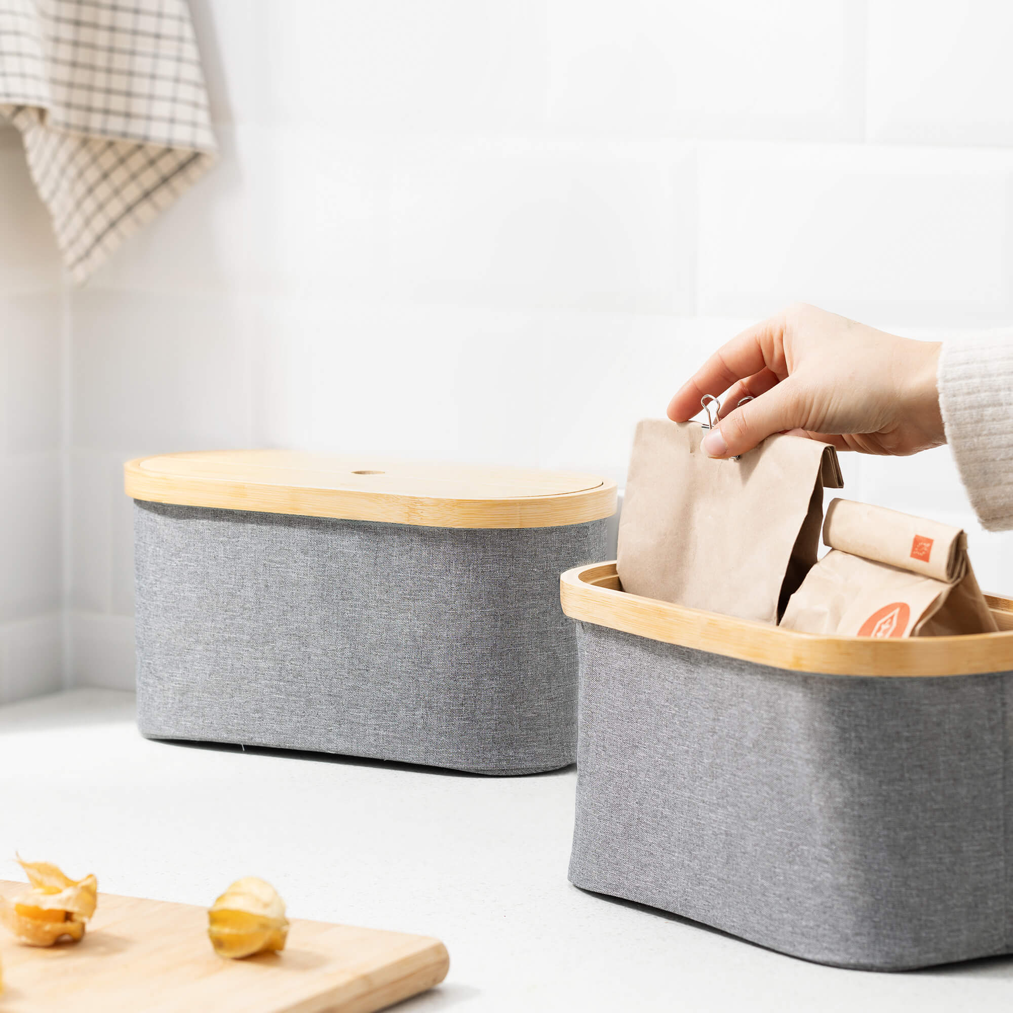 Navaris Σετ 2 Υφασμάτινα Κουτιά με Καπάκι από Μπαμπού - Grey - 56457.01