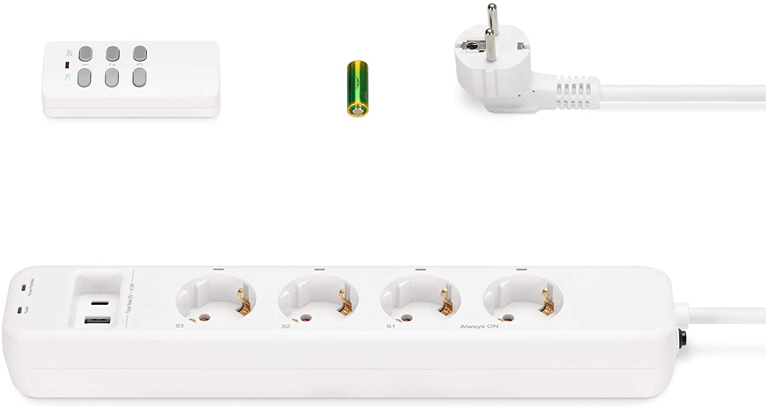Navaris Πολύπριζο με Τηλεχειριστήριο με 4 Πρίζες, 2 Θύρες USB και 1 Θύρα Type-C - White - 53169.02
