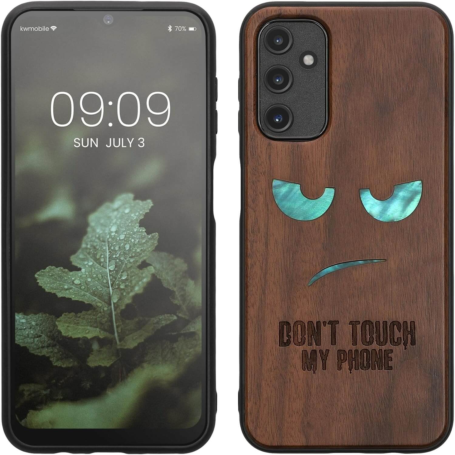 KW Samsung Galaxy A14 5G Θήκη από Φυσικό Ξύλο - Design Mother of Pearl Don't Touch my Phone - Dark Brown - 60817.08