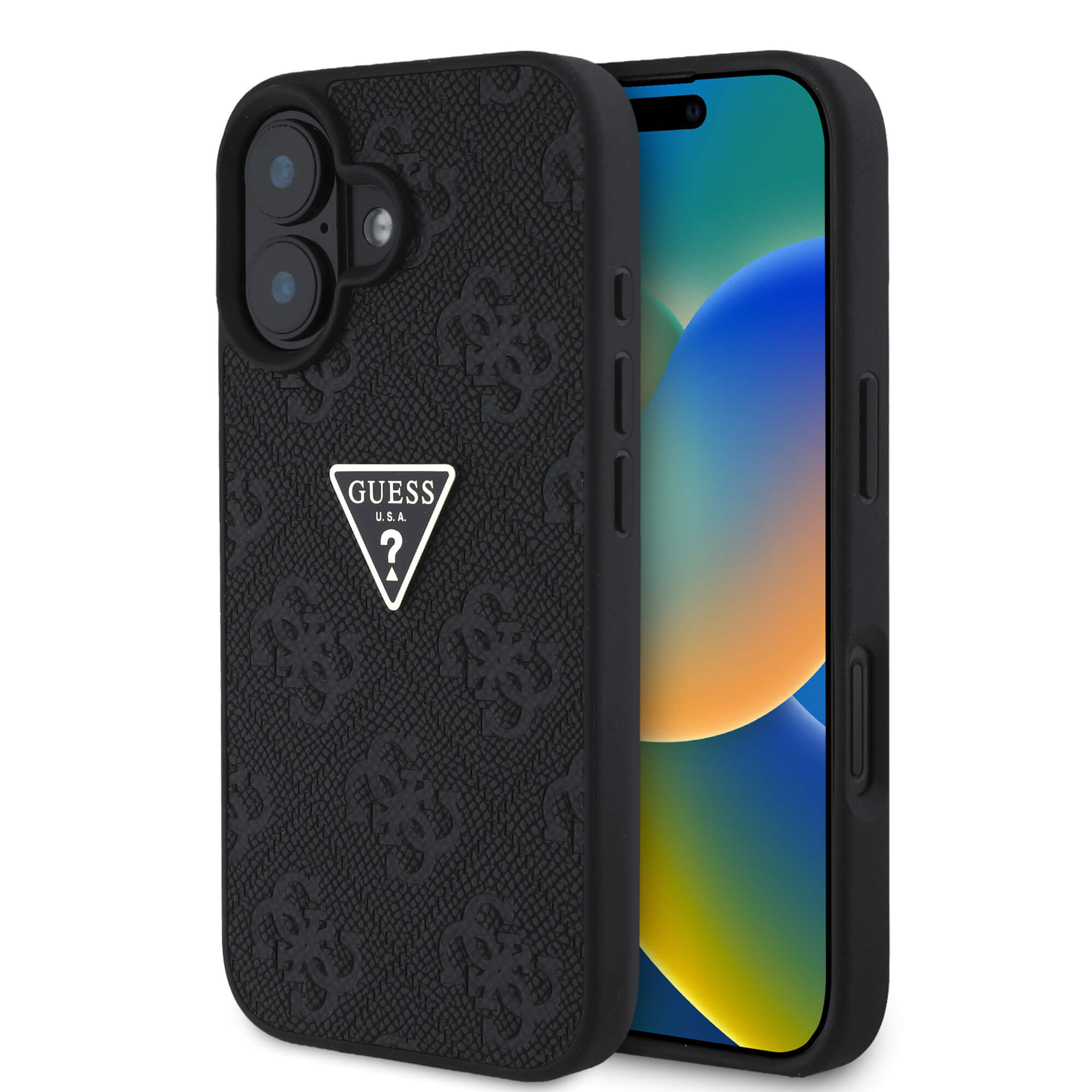 Guess iPhone 16 - Hot Stamp 4G Pattern Triangle Metal Logo - Θήκη με Επένδυση Συνθετικού Δέρματος και Πλαίσιο Σιλικόνης - Black - GUHCP16SPGP4STRK