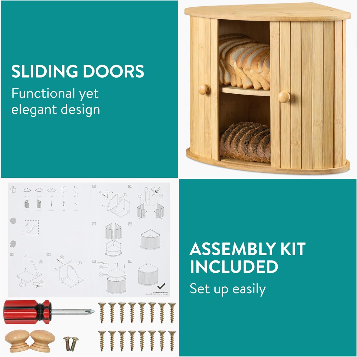 Navaris Γωνιακή Ψωμιέρα Δύο Επιπέδων από Μπαμπού με Συρόμενες Μπροστινές Πόρτες - 30 x 30 x 31 cm - Brown - 54972.02