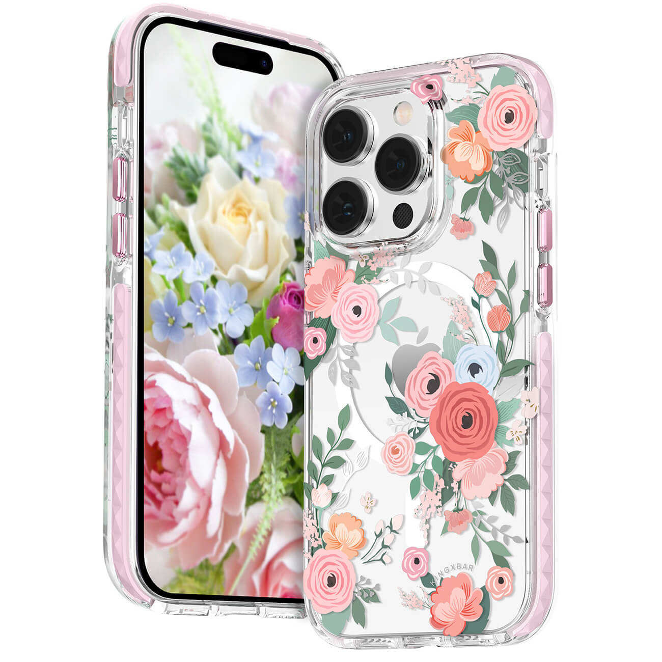 Kingxbar iPhone 14 Pro Flora Series Θήκη Σιλικόνης με MagSafe - Design Rose Flowers - Διάφανη / Multicolor