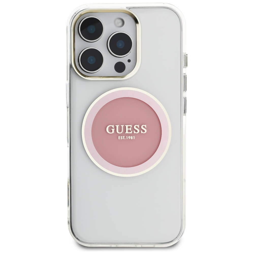 Guess iPhone 16 Pro IML Metal Colored Circle Classic Logo MagSafe Σκληρή Θήκη με Πλαίσιο Σιλικόνης και MagSafe - Pink - GUHMP16LHTDRCEDP