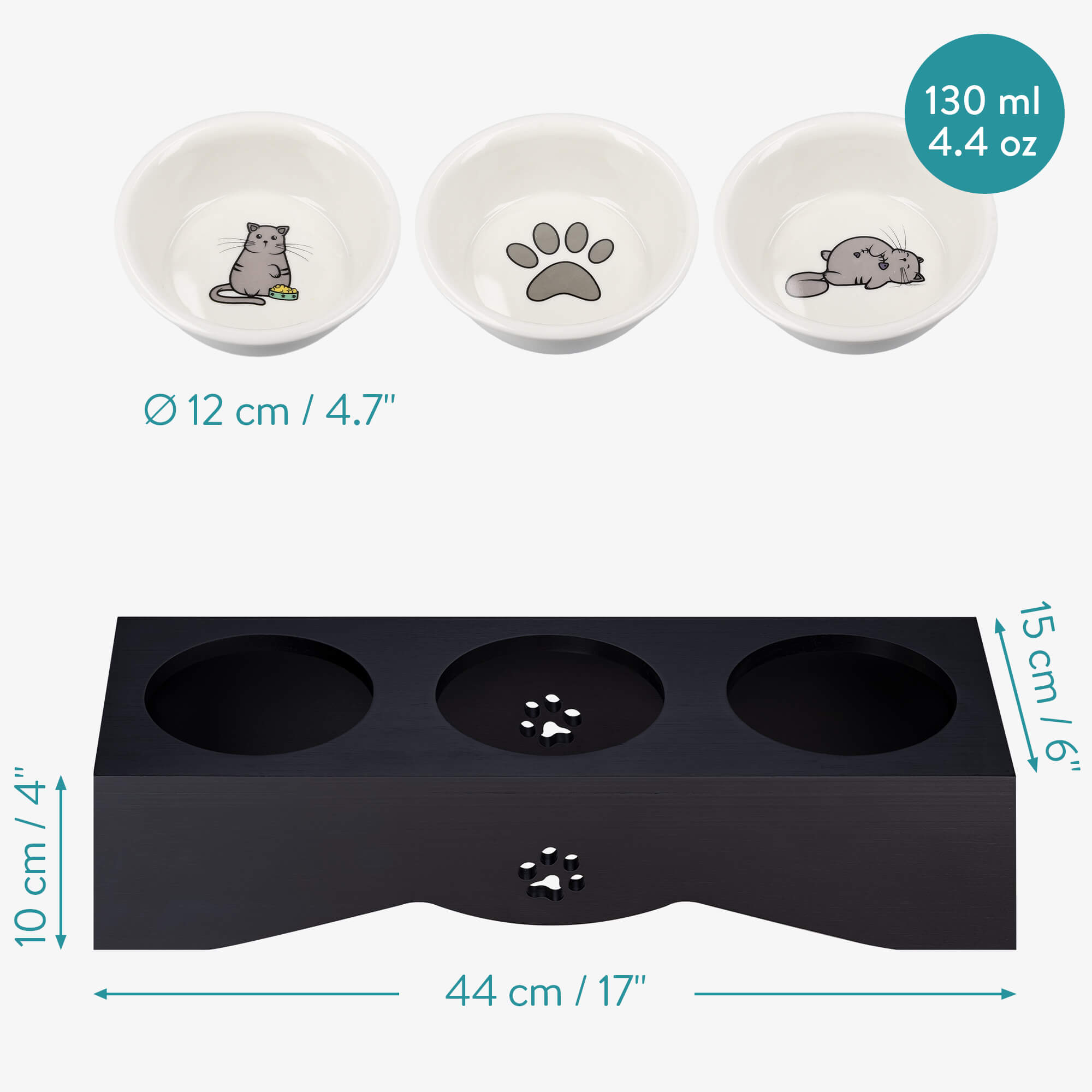 Navaris Raised Pet Bowls Stand - Ανυψωμένα Μπολ Φαγητού με Ξύλινη Βάση για Κατοικίδια 130ml - Black - 50174.47