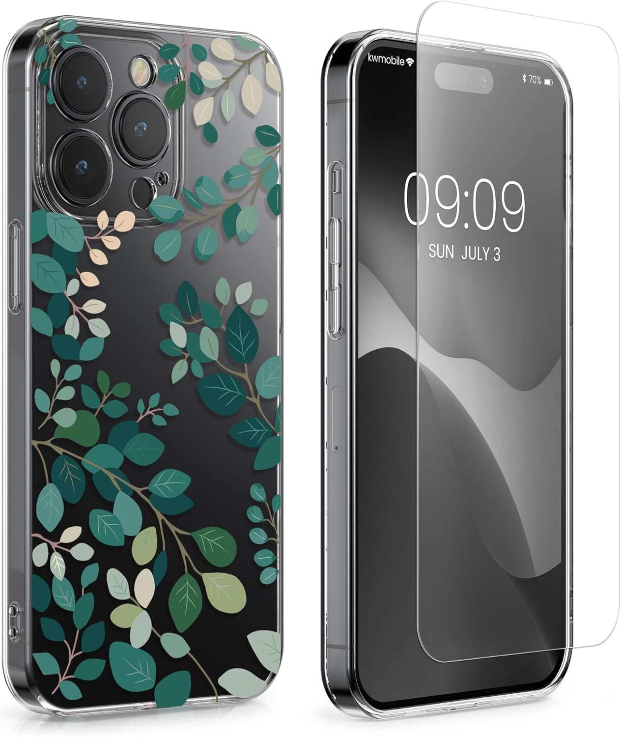 KW iPhone 15 Pro Θήκη Σιλικόνης TPU με Αντιχαρακτικό Γυαλί - Design Spring Leaves - Green / Διάφανη