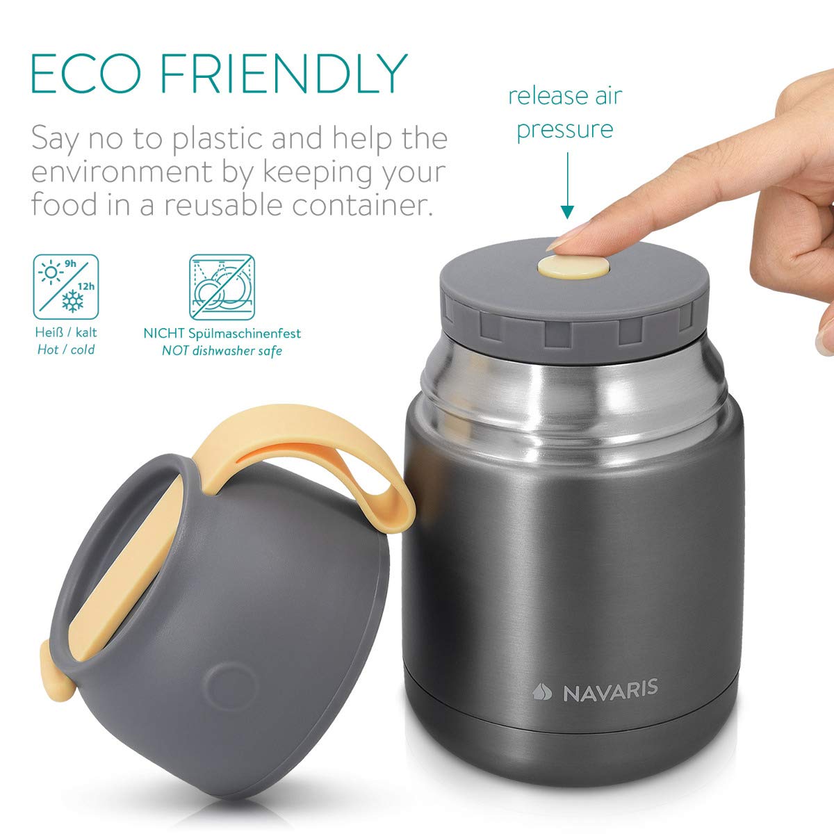 Navaris Vacuum Insulated Food Jar Θερμός από Ανοξείδωτο Ατσάλι με Καπάκι-Δοχείο Για Φαγητό - 450ml - Dark Gray - 47325.1.19