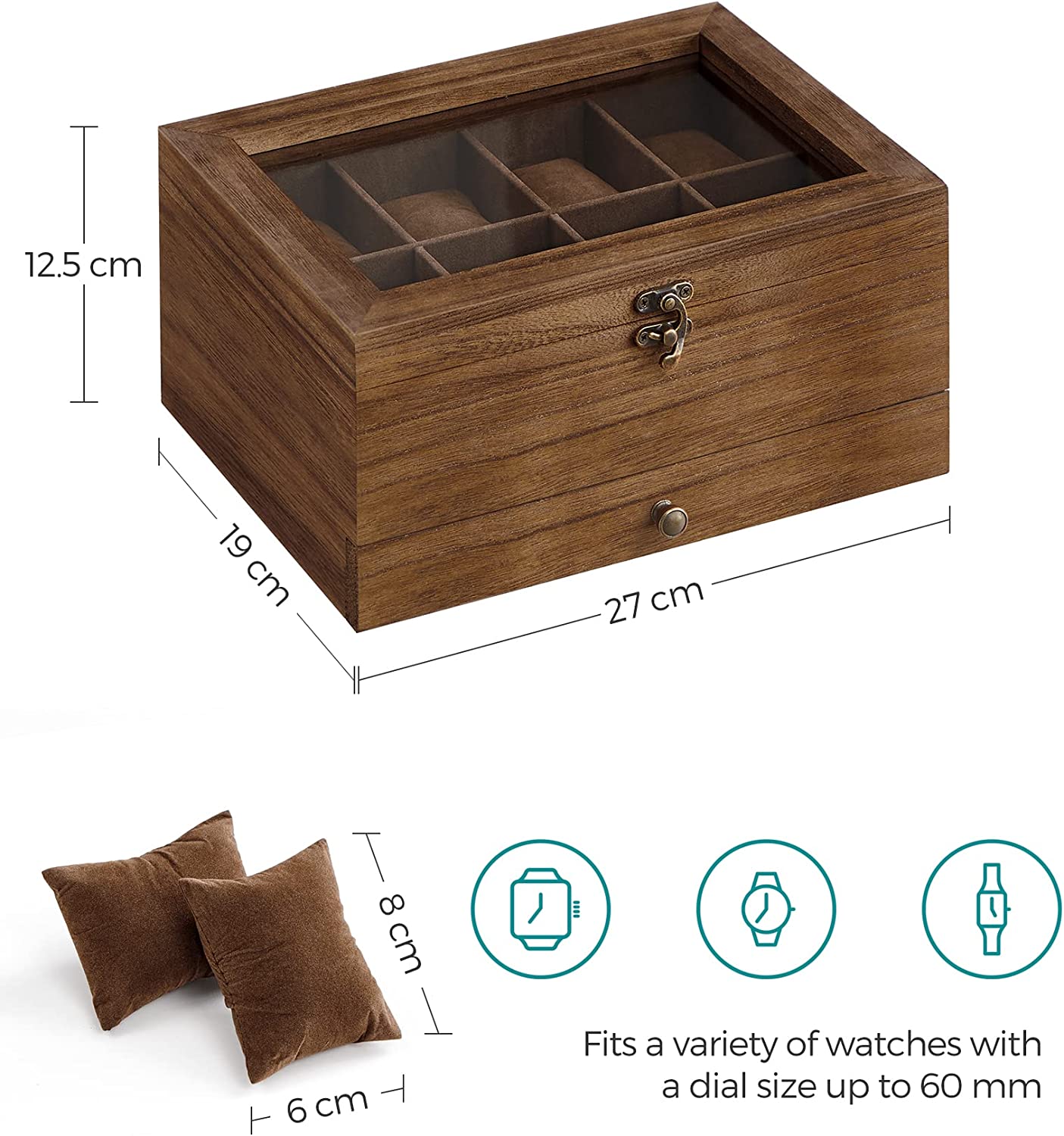 Songmics Κουτί Αποθήκευσης 8 Ρολογιών και Κοσμημάτων - Rustic Walnut - JOW008K01