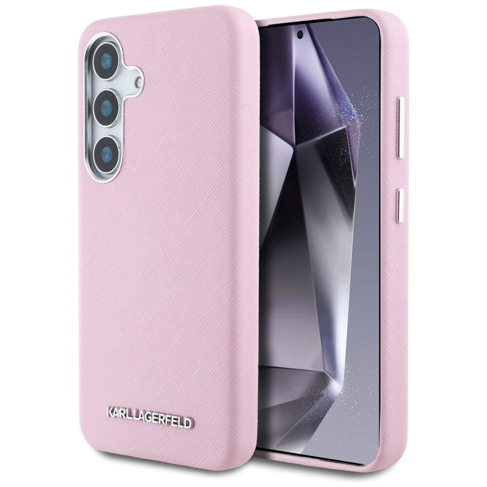 Karl Lagerfeld Samsung Galaxy S25 Plus - Saffiano Full Wrapped Elongated Metal Logo - MagSafe Σκληρή Θήκη με Επένδυση Συνθετικού Δέρματος και Πλαίσιο Σιλικόνης - Pink - KLHMS25MPSAFWMCP