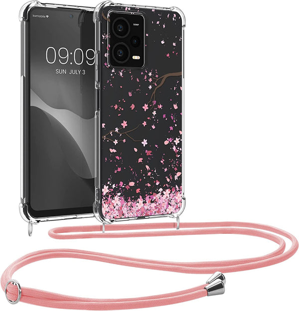 KW Xiaomi Redmi Note 12 Pro Θήκη Σιλικόνης TPU με Λουράκι - Design Cherry Blossoms - Pink / Dark Brown / Διάφανη - 60716.01