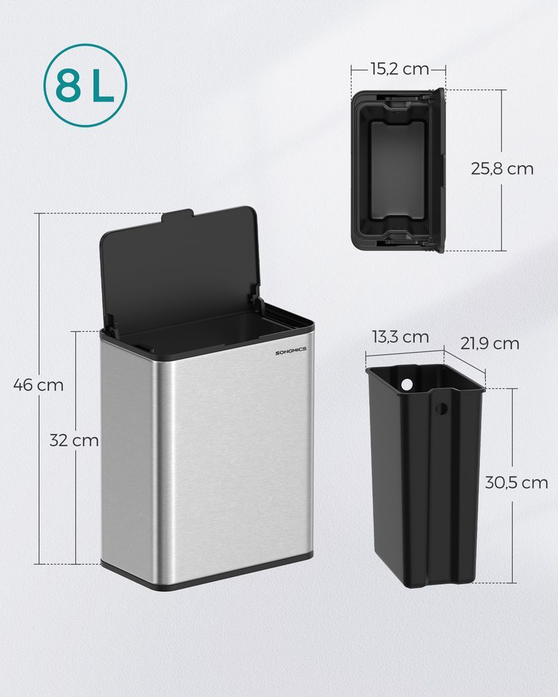 Songmics Κρεμαστός Κάδος Απορριμμάτων για Ντουλάπι από Ατσάλι και Πλαστικό Καπάκι - 8L - Metallic Silver - LTB810E08