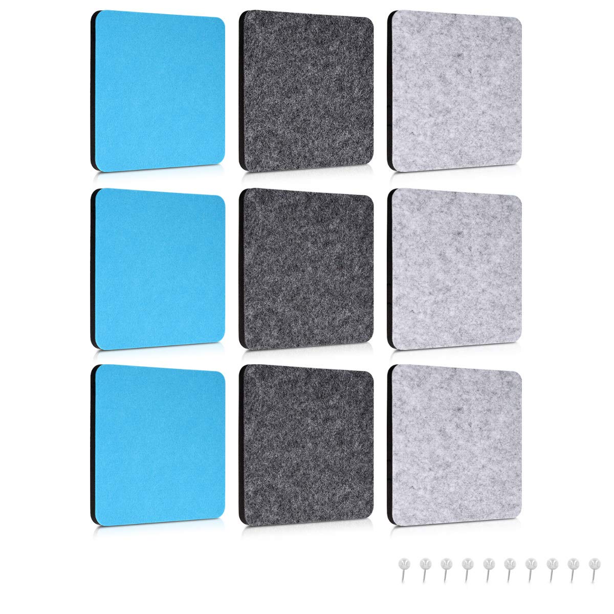 Navaris Square Felt Memo Boards - Σετ με 9 Πίνακες Ανακοινώσεων και Πινέζες - Light Grey / Dark Grey / Light Blue - 46231.01
