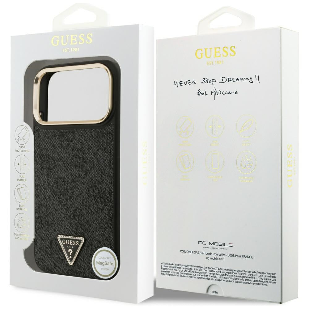 Guess iPhone 17 Pro Max - 4G Triangle Strass Logo MagSafe - Σκληρή Θήκη με Επένδυση Συνθετικού Δέρματος - Black / Gold - GUHMP17XP4GTDGMK