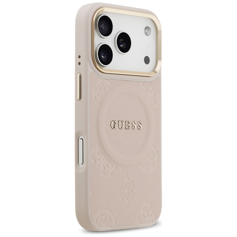 Guess iPhone 17 Pro - Peony Hot Stamp MagSafe - Σκληρή Θήκη με Επένδυση Συνθετικού Δέρματος - Pink - GUHMP17LPSAMSECP
