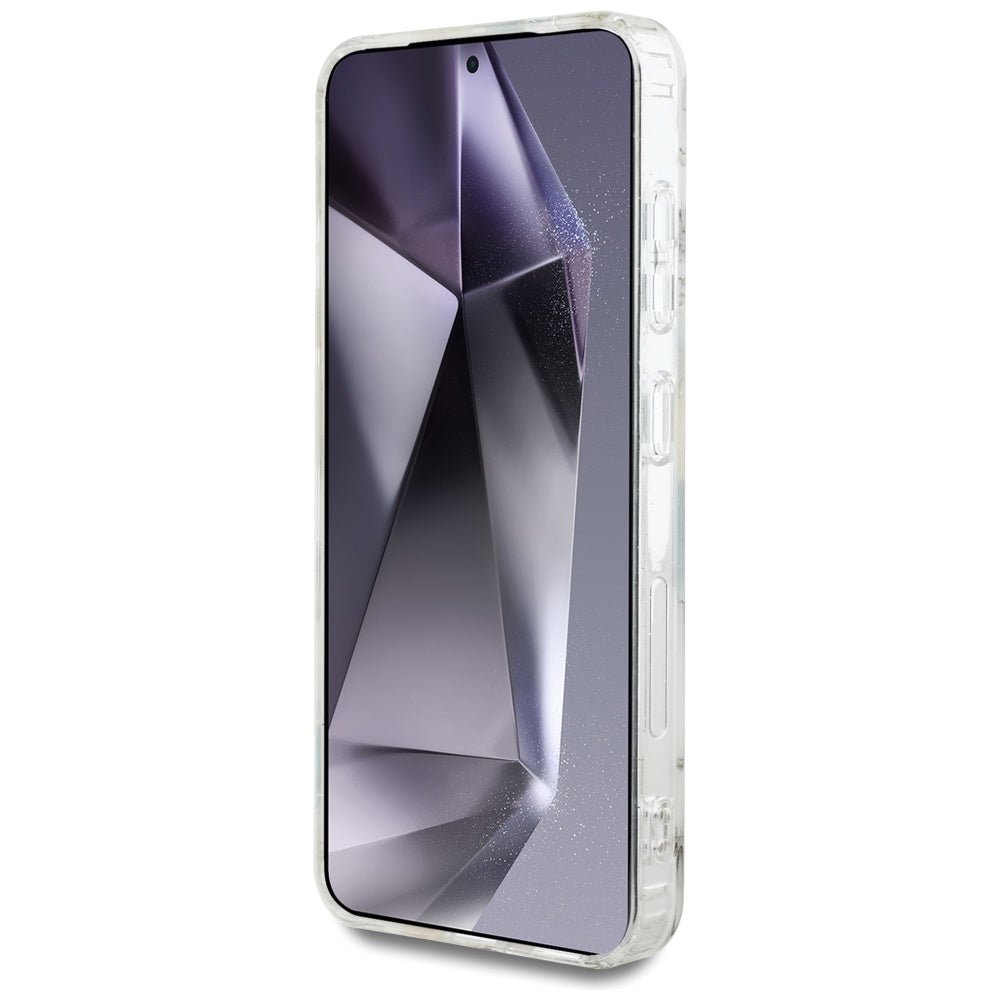 Guess Samsung Galaxy S25 - Glitter Flowers Triangle Buttons MagSafe - Σκληρή Θήκη με Πλαίσιο Σιλικόνης - White - GUHMS25SHFLPEDH