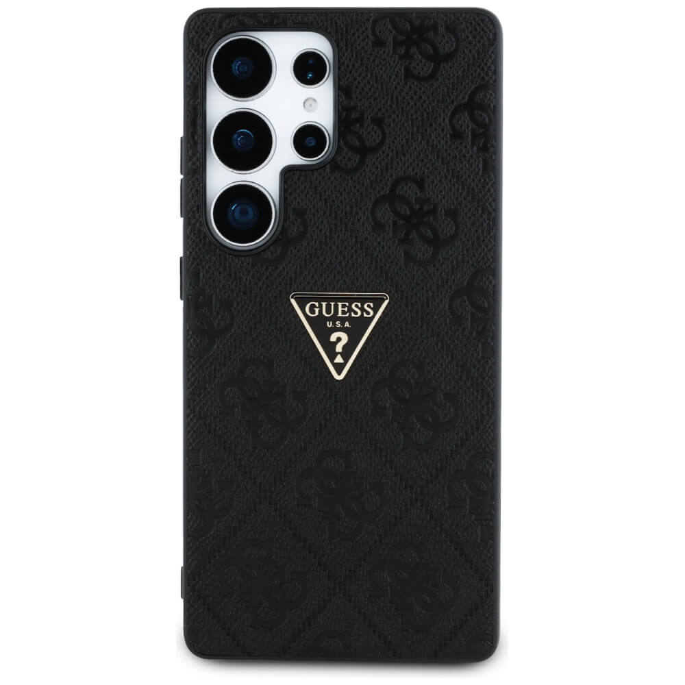 Guess Samsung Galaxy S25 Ultra - Hot Stamp 4G Pattern Triangle Metal Logo - Θήκη με Επένδυση Συνθετικού Δέρματος και Πλαίσιο Σιλικόνης - Black - GUHCS25LPGP4STRK