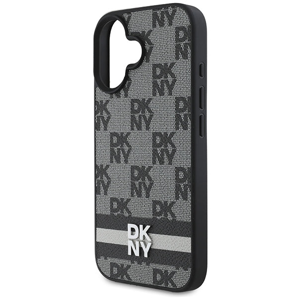 DKNY iPhone 16 - Checkered Pattern and Printed Stripes - Σκληρή Θήκη με Επένδυση Συνθετικού Δέρματος - Black