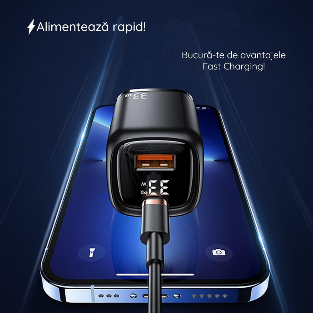 Usams Travel Charger Kit 33W Οικιακός Φορτιστής με 1 Θύρα Type-C και 1 Θύρα USB και καλώδιο Type-C to Lightning 20W - Black - UDTZ01