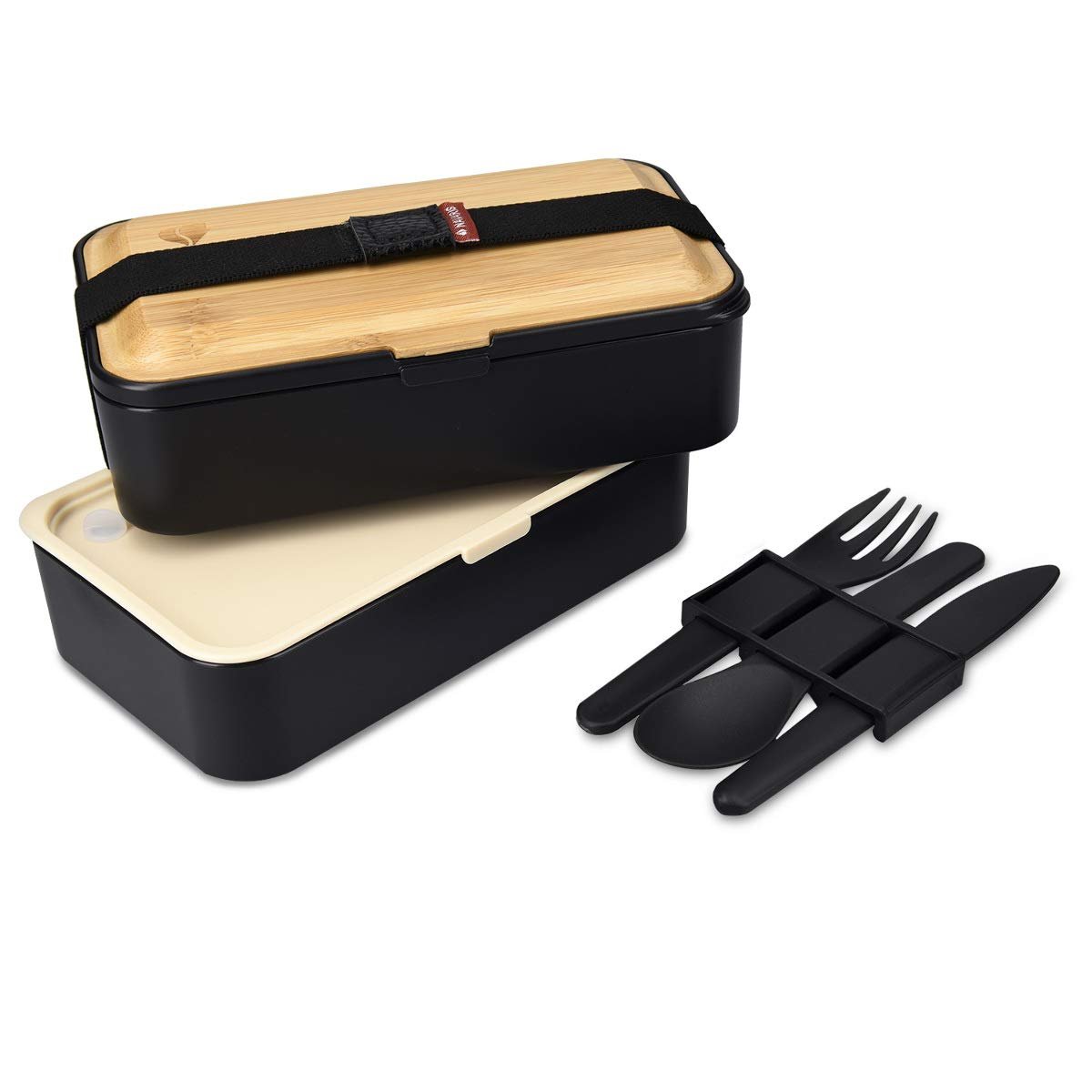 Navaris Bento Box Set Δύο Δοχεία Φαγητού με Μαχαιροπίρουνα και Καπάκι από Μπαμπού - 1.2L - Black - 47407.01.01
