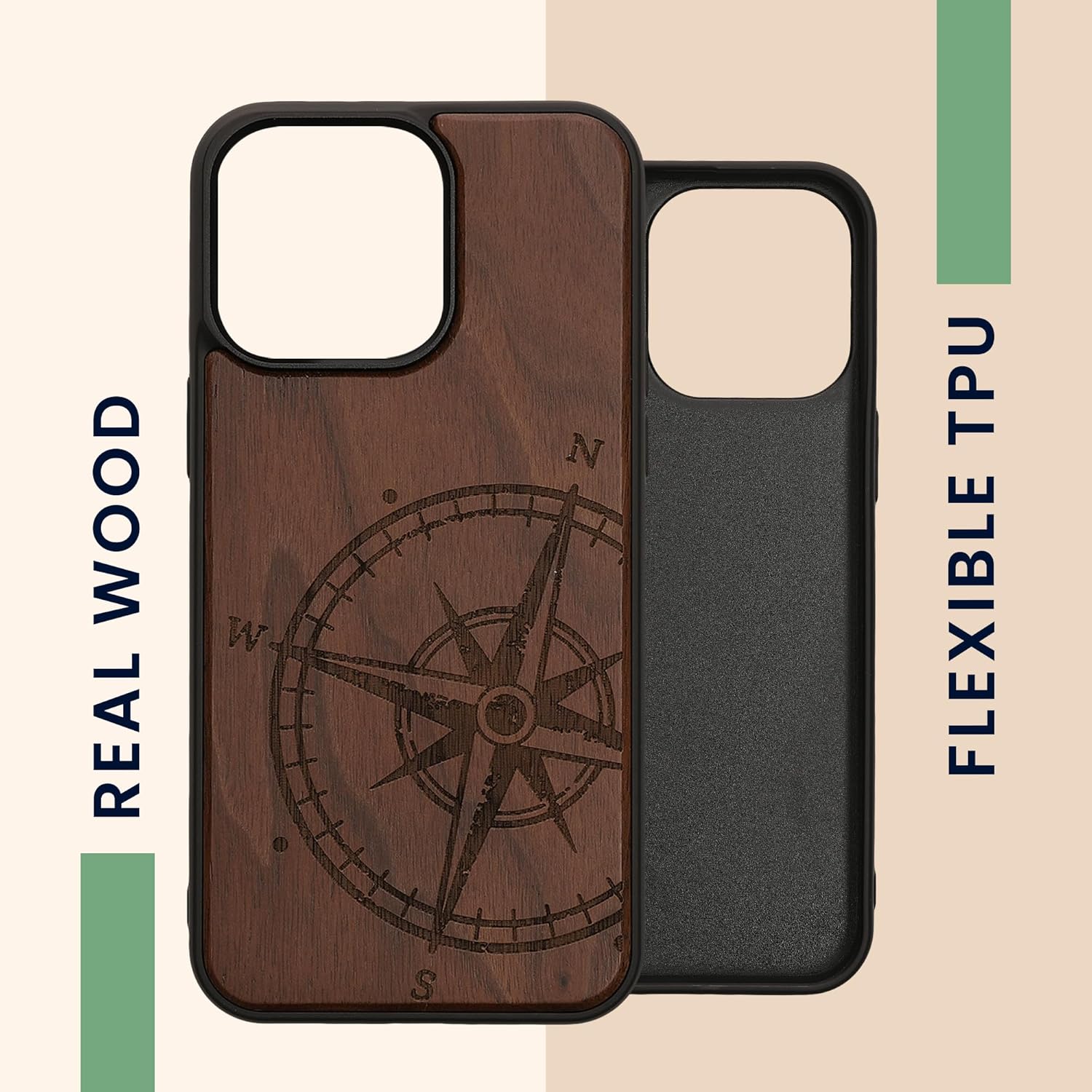 KW iPhone 15 Pro Max Θήκη από Φυσικό Ξύλο - Design Vintage Compass - Dark Brown