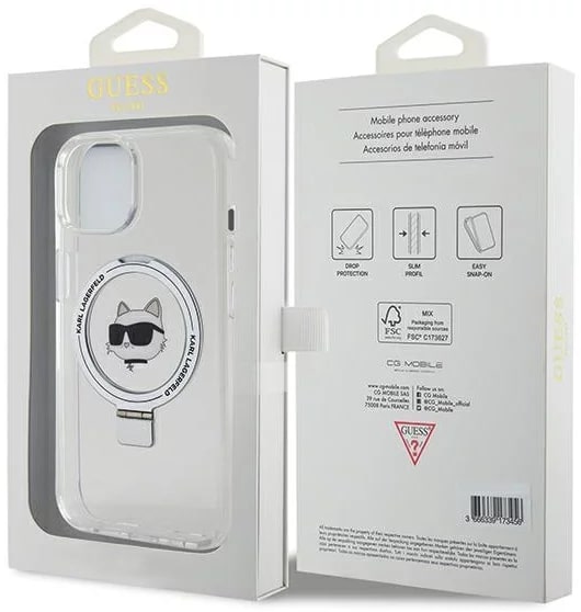 Karl Lagerfeld iPhone 15 Ring Stand Choupette Head MagSafe Σκληρή Θήκη με Πλαίσιο Σιλικόνης και MagSafe - Διάφανη / Silver - KLHMP15SHMRSCHH