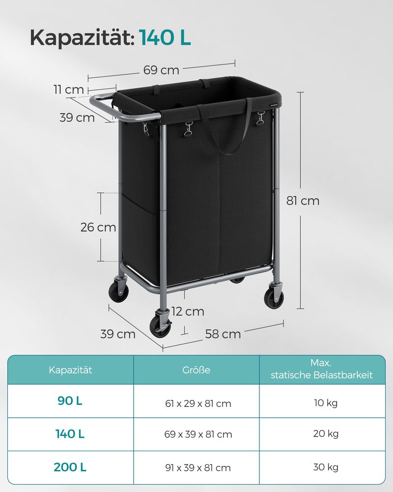 Songmics Τροχήλατο Καλάθι Απλύτων με 2 Χωρίσματα - 140L - Ink Black - RLS004B01