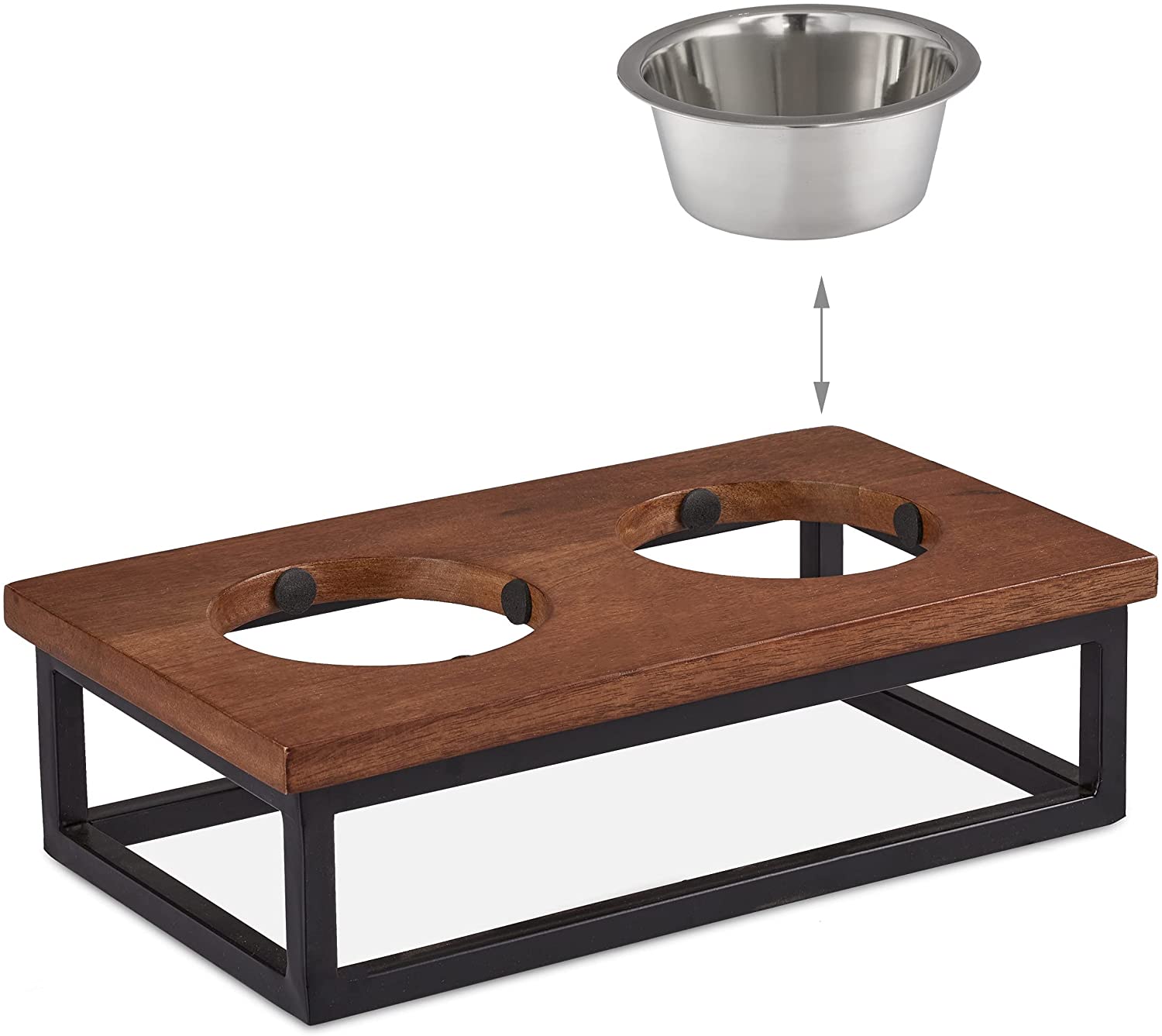 Relaxdays Ξύλινη Βάση από Μάνγκο με 2 Μπολ από Ανοξείδωτο Ατσάλι για Κατοικίδια - 250 ml - Natural / Silver - 4052025373801