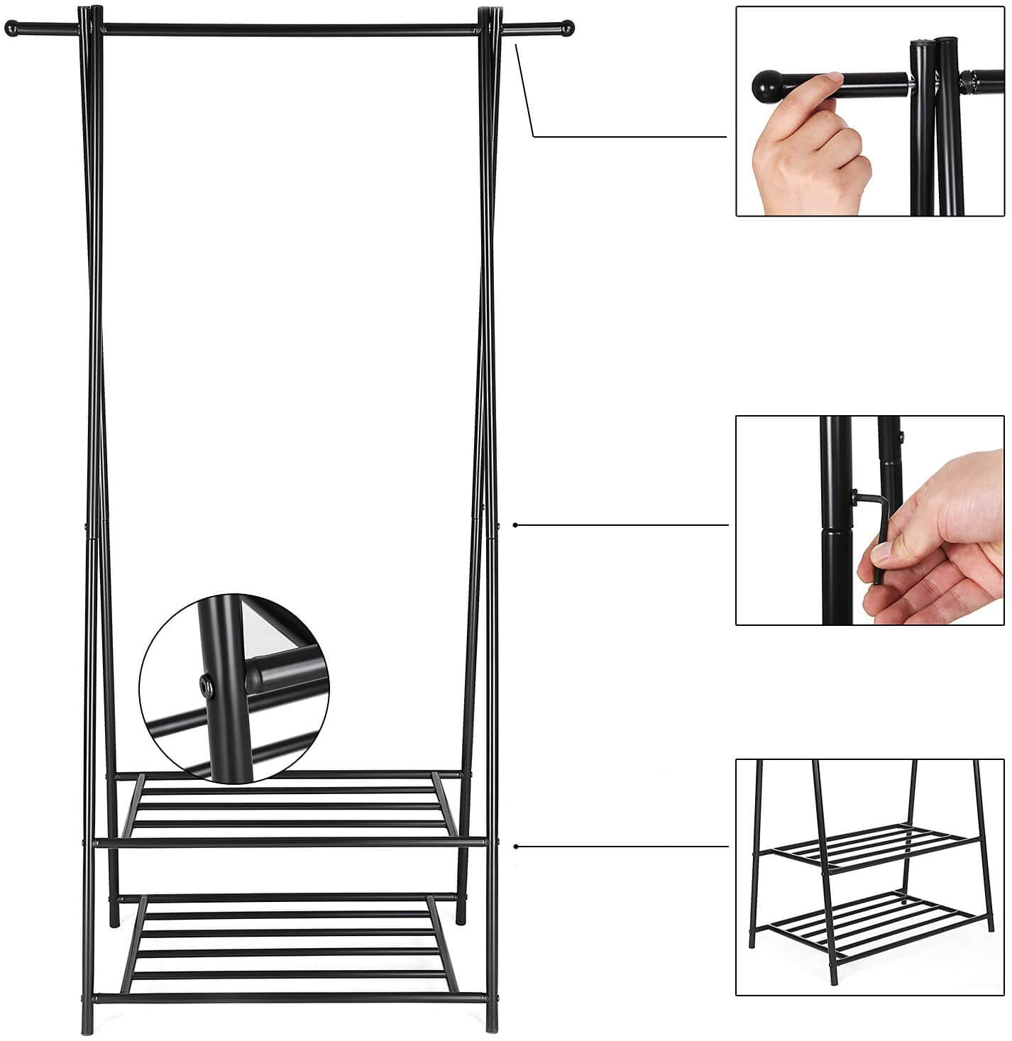 Songmics Επιδαπέδια Μεταλλική Κρεμάστρα - Ράγα Ρούχων με 2 Ράφια Παπουτσιών - Black - HSR05B