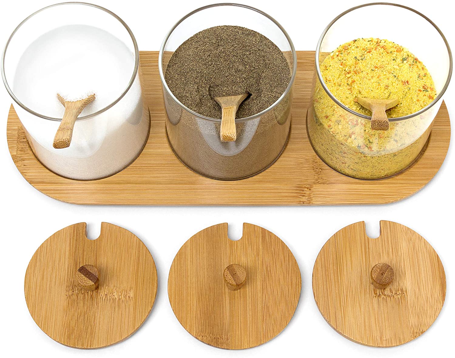 Relaxdays Σετ με 3 Γυάλινα Βάζα Αποθήκευσης JIAO με Βάση και Καπάκια από Μπαμπού - Natural - 4052025191351