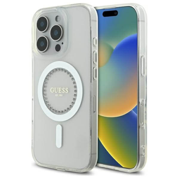 Guess iPhone 16 Pro Max - IML Rhinestones - MagSafe Σκληρή Θήκη με Πλαίσιο Σιλικόνης - White - GUHMP16XPFTDTEH