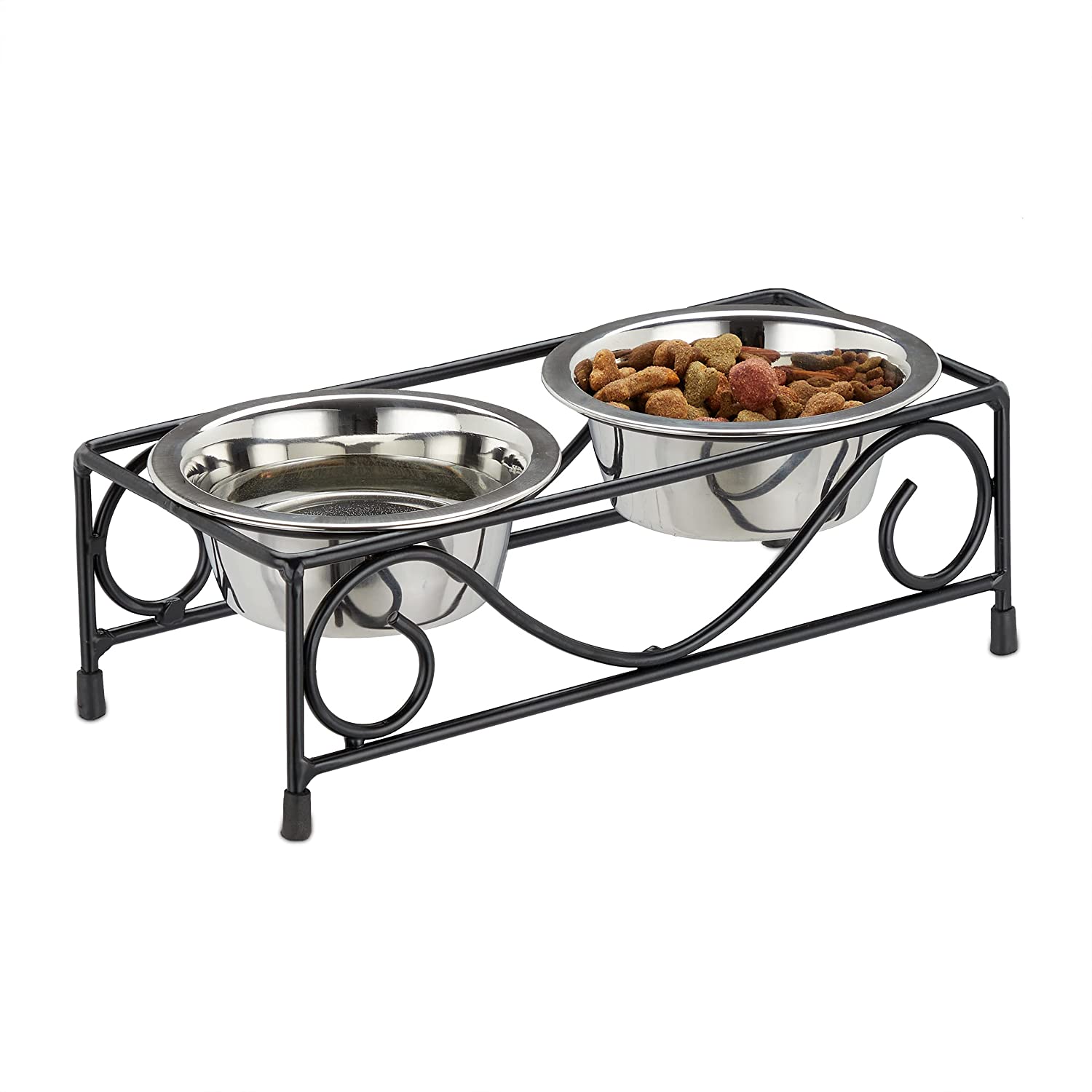 Relaxdays Σιδερένια Βάση με 2 Μπολ από Ανοξείδωτο Ατσάλι για Κατοικίδια - 300 ml - Silver / Black - 4052025373887