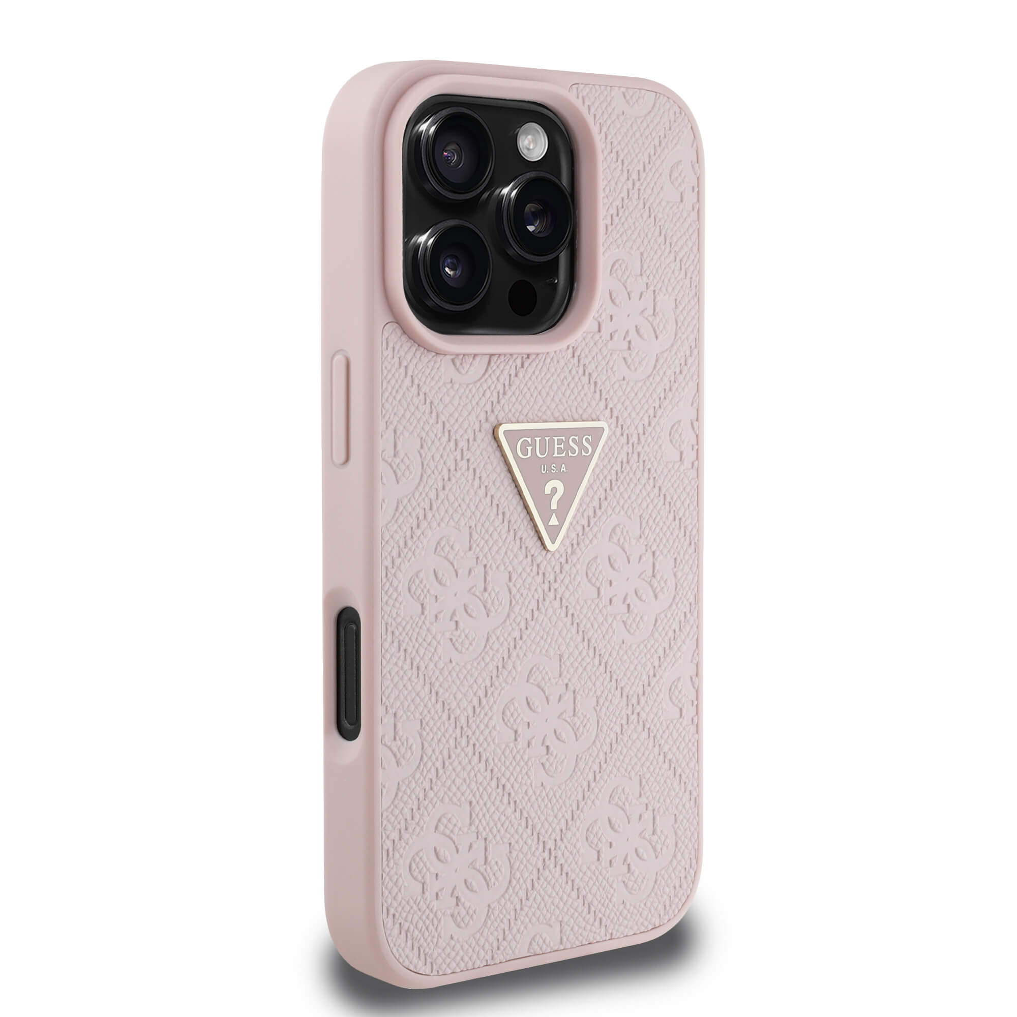 Guess iPhone 16 Pro - Hot Stamp 4G Pattern Triangle Metal Logo - Θήκη με Επένδυση Συνθετικού Δέρματος και Πλαίσιο Σιλικόνης - Pink - GUHCP16LPGP4STRP
